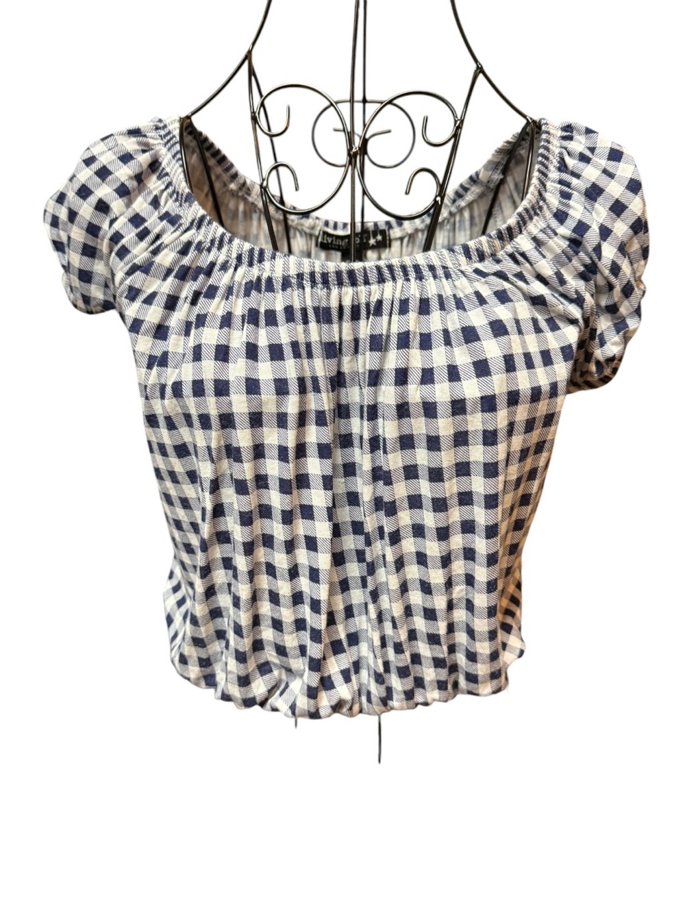 Living Doll Blue and White Checkered Off-Shoulder Elastic Crop Top Small